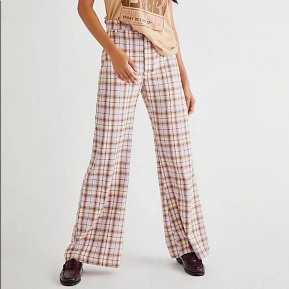 Free People Plaid Wide-Leg Pants - Cream and Brown